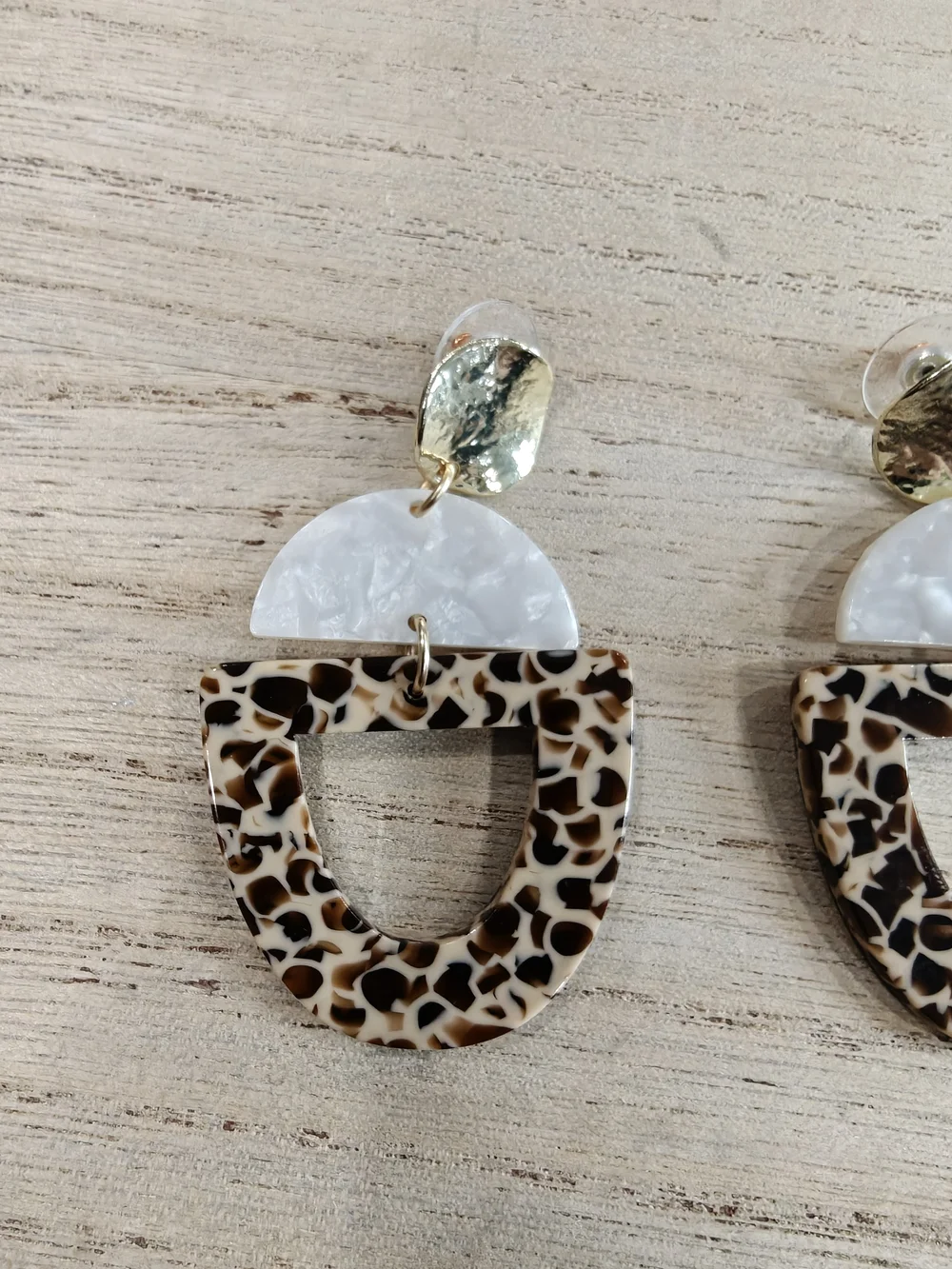 Leopard Pattern Resin Drop Earrings with Pearl Accent - Brown/White